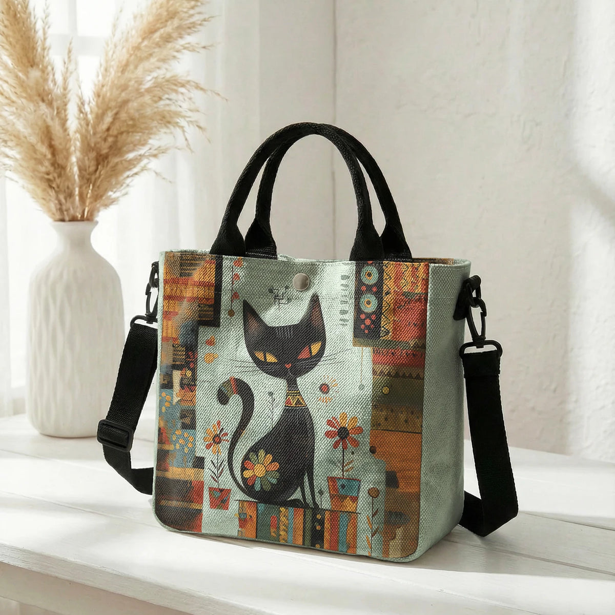 👜 Bolso Tote de Gato Artístico con Correa Desmontable 🐈✨