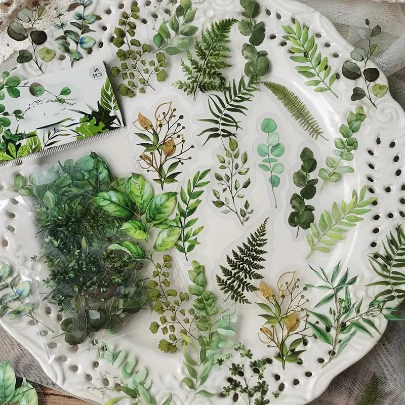 JIANQI 40Pcs Natural Plant Flower Stickers DIY Scrapbook PET Material Handbook Water Cup Transparent Plant Sticker