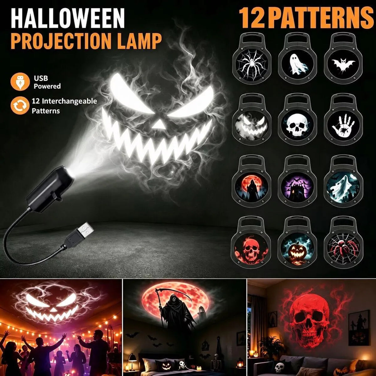 🎃💀 Proyector LED USB de Halloween – 12 Diseños de Terror para Paredes, Techos y Ventanas 👻🔦