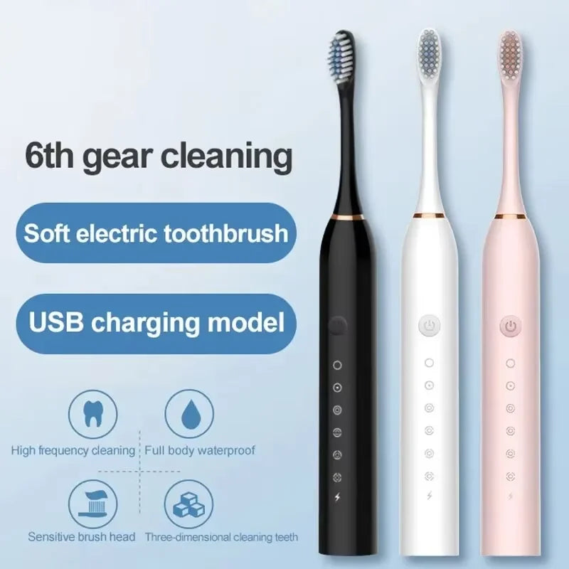 Electric Toothbrush Soft Bristles 6-Speed Automatic for Adults & Kids Universal Smart Charging All-Age Compatible