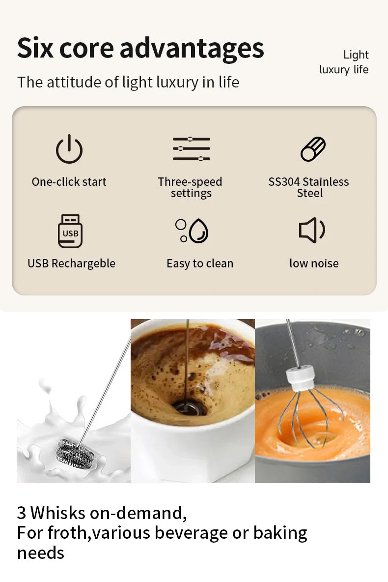 Wireless Electric Milk Frother Type-C Handheld Blender Stainless Steel Mini Coffee Maker Whisk Mixer for Coffee Cappuccino Cream