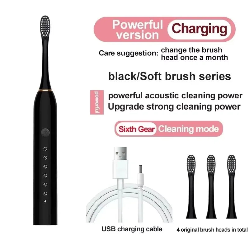 Electric Toothbrush Soft Bristles 6-Speed Automatic for Adults & Kids Universal Smart Charging All-Age Compatible