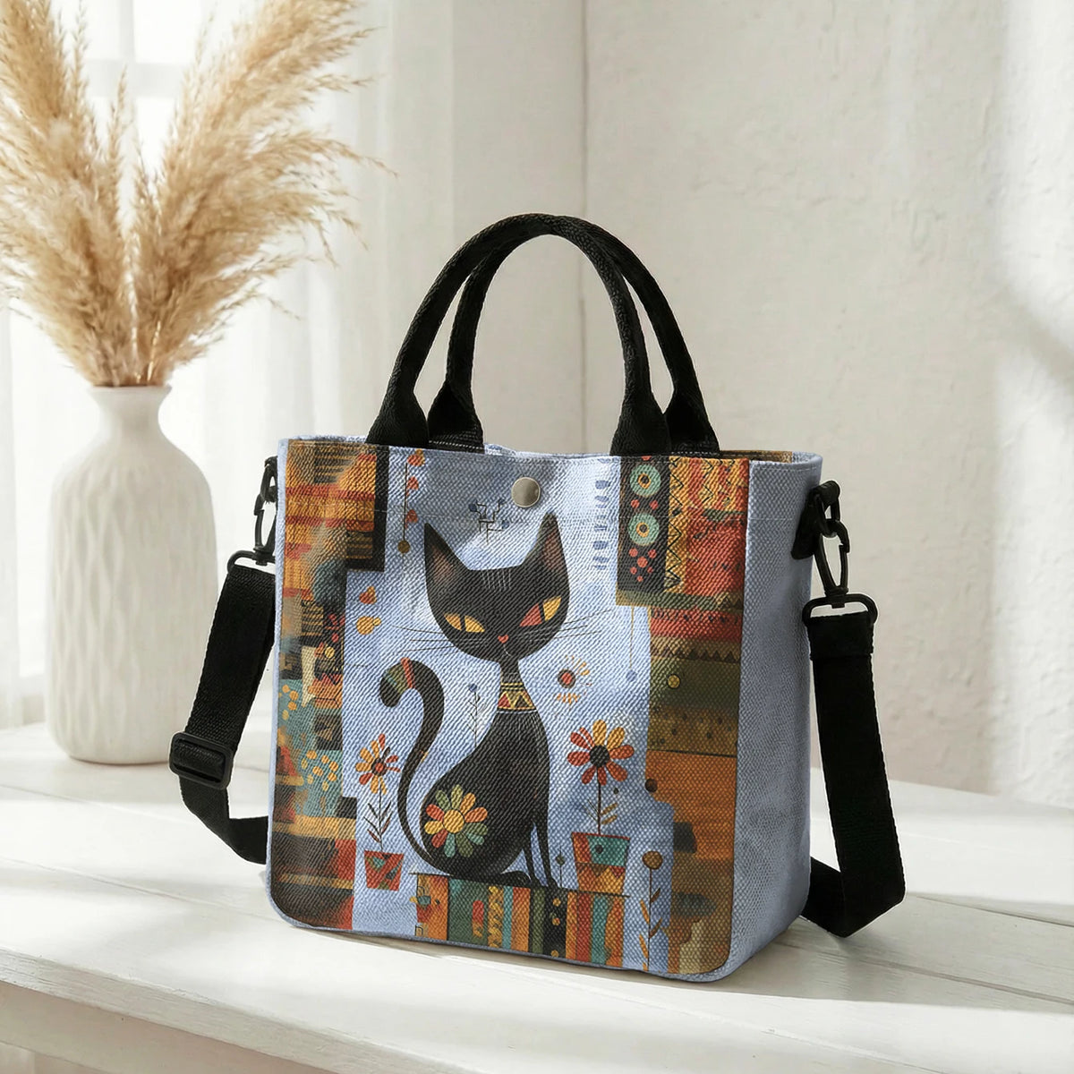 👜 Bolso Tote de Gato Artístico con Correa Desmontable 🐈✨