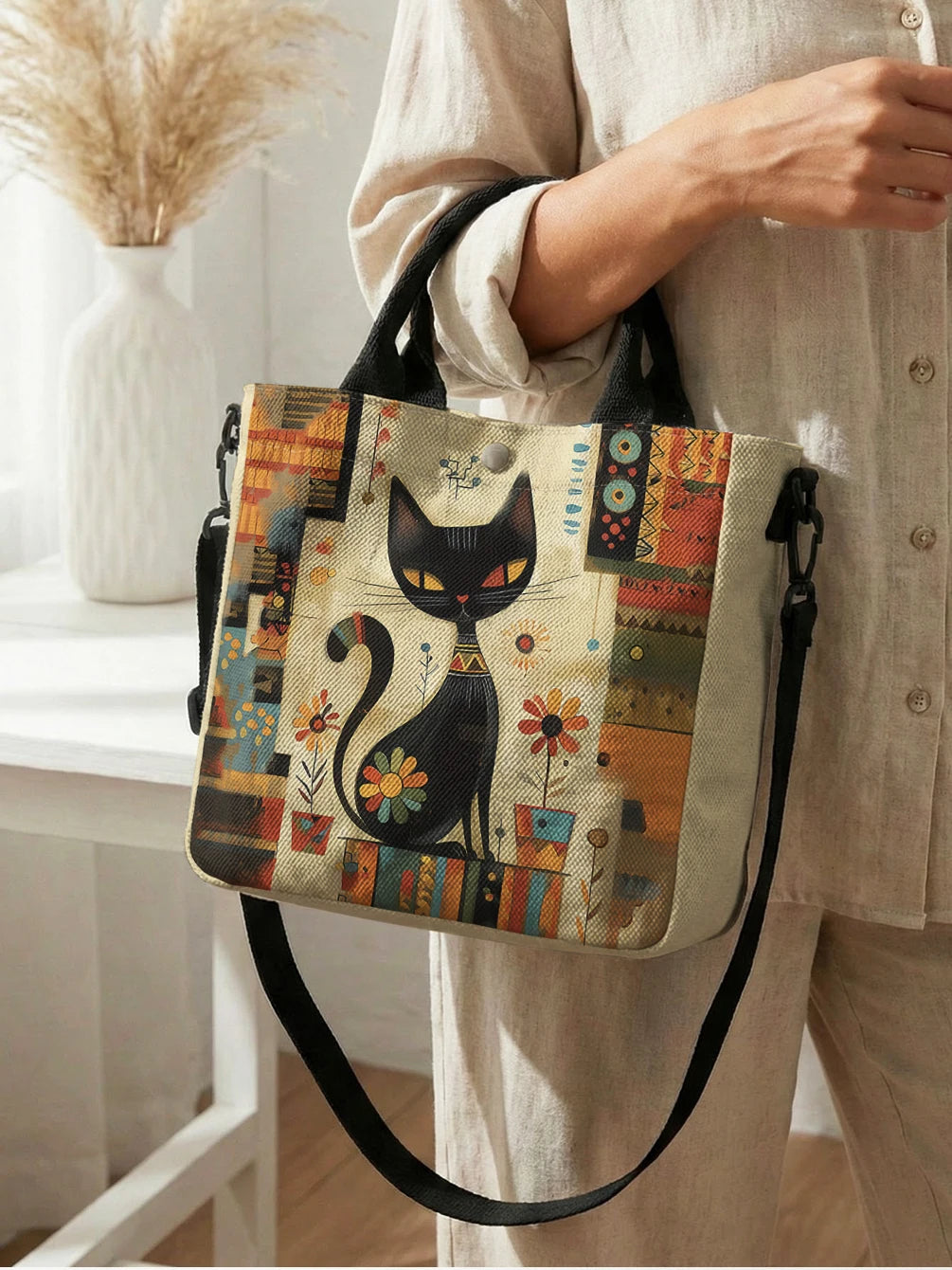 👜 Bolso Tote de Gato Artístico con Correa Desmontable 🐈✨