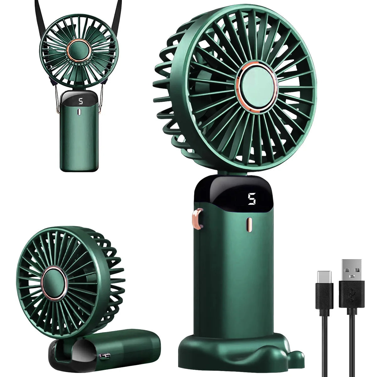 Portable USB Rechargeable Handheld Foldable Fan with 5 Speeds, Phone Stand, Digital Display, and Cooling Neck-Hanging Fan