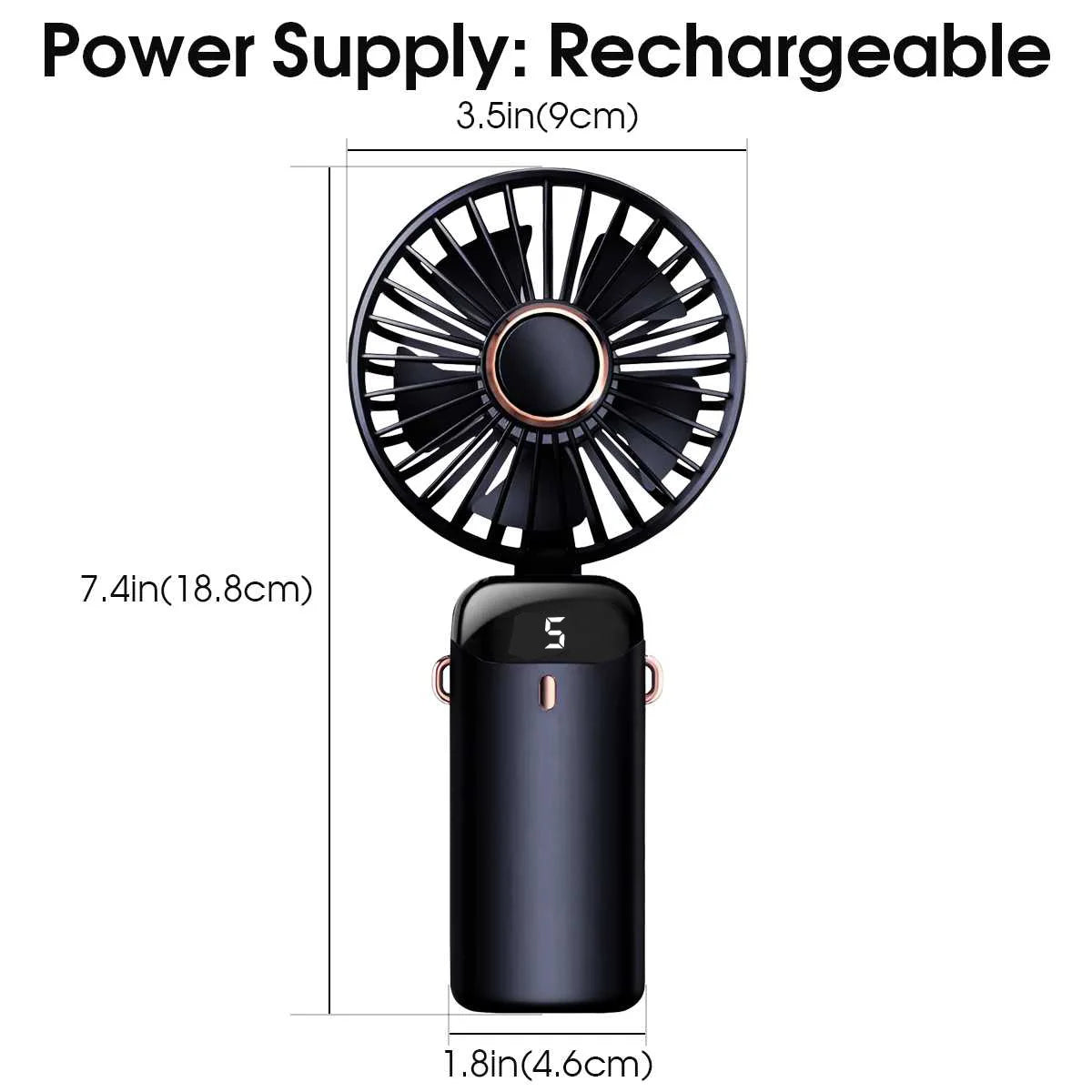Portable USB Rechargeable Handheld Foldable Fan with 5 Speeds, Phone Stand, Digital Display, and Cooling Neck-Hanging Fan