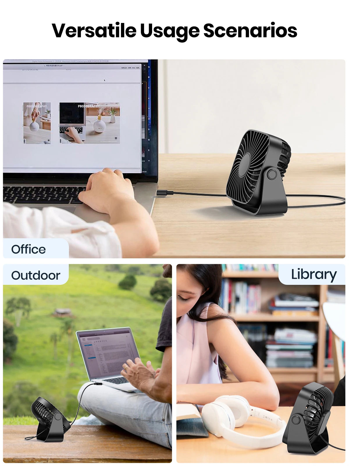 TOPK 4-Inch USB Mini Portable Fan for Camping, 3 Speeds Quiet Desk Table Personal Fan, 360° Adjustment Standing Fans for Room Home