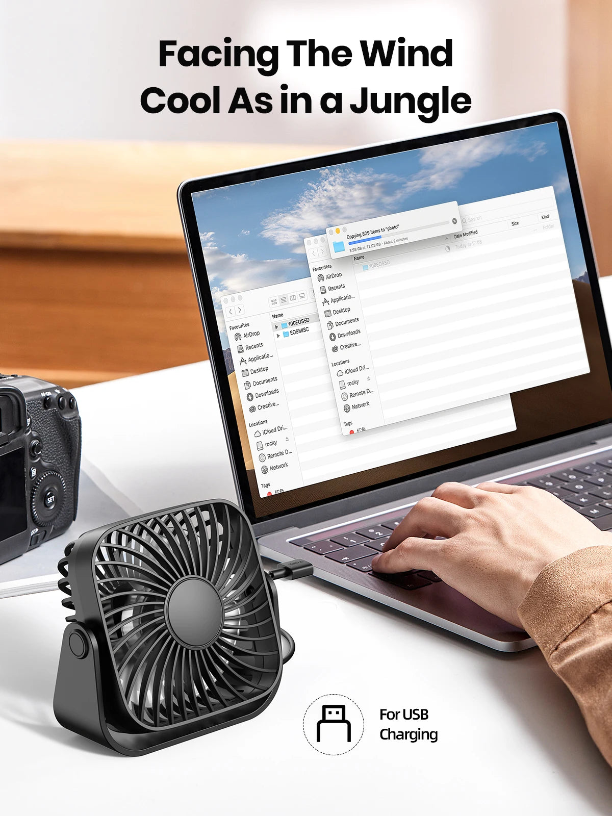 TOPK 4-Inch USB Mini Portable Fan for Camping, 3 Speeds Quiet Desk Table Personal Fan, 360° Adjustment Standing Fans for Room Home