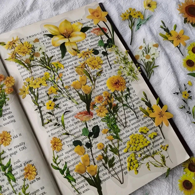 JIANQI 40Pcs Natural Plant Flower Stickers DIY Scrapbook PET Material Handbook Water Cup Transparent Plant Sticker