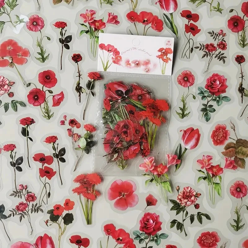 JIANQI 40Pcs Natural Plant Flower Stickers DIY Scrapbook PET Material Handbook Water Cup Transparent Plant Sticker