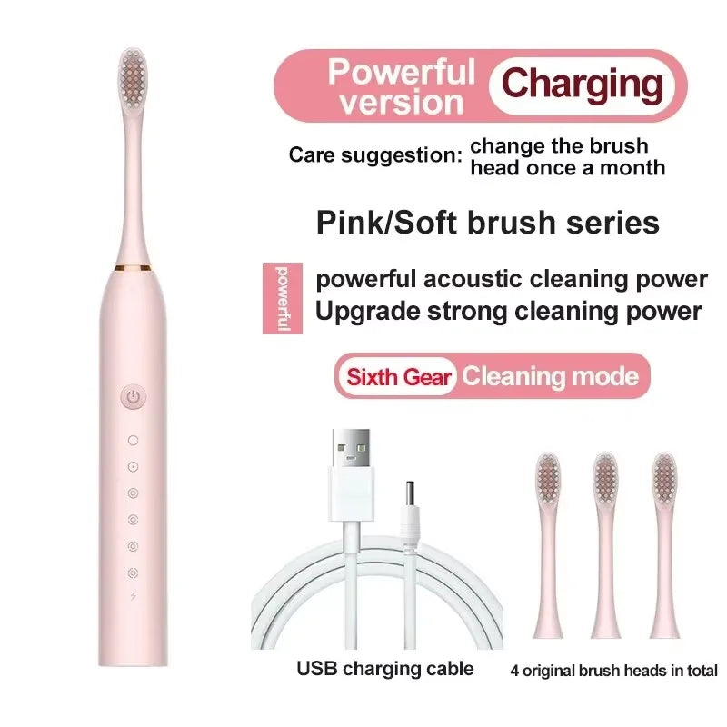 Electric Toothbrush Soft Bristles 6-Speed Automatic for Adults & Kids Universal Smart Charging All-Age Compatible