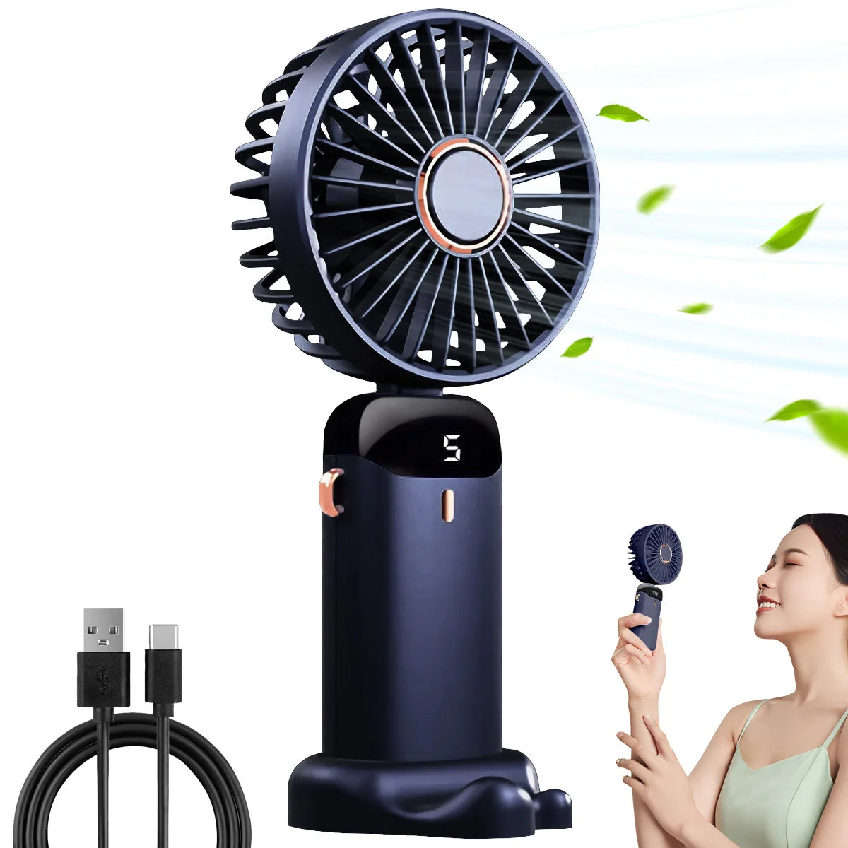 Portable USB Rechargeable Handheld Foldable Fan with 5 Speeds, Phone Stand, Digital Display, and Cooling Neck-Hanging Fan