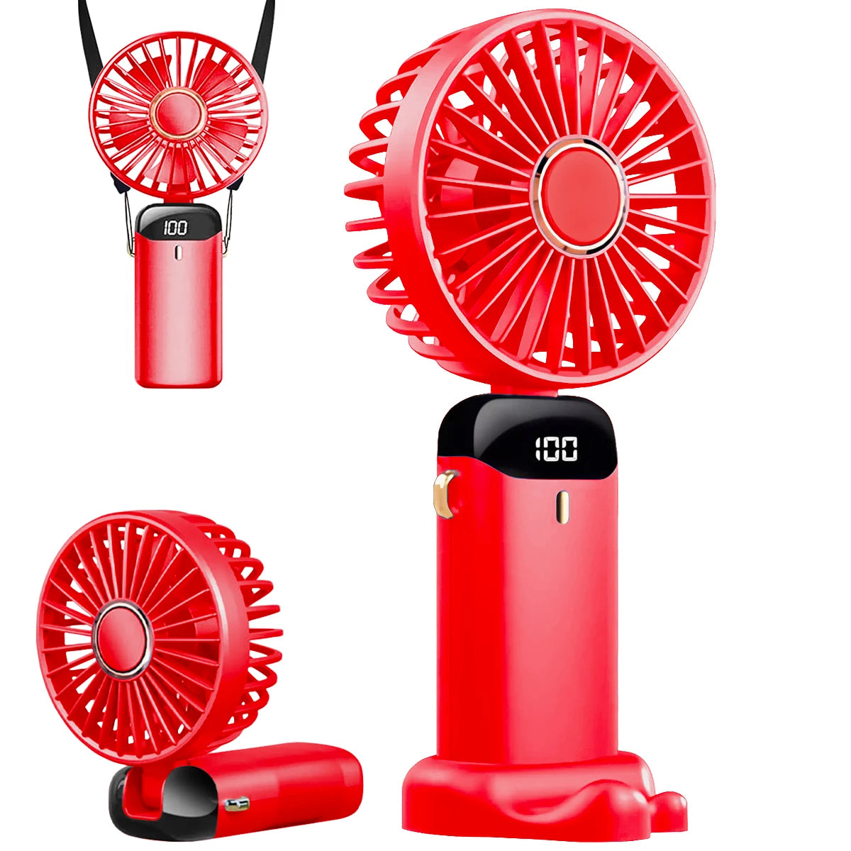 Portable USB Rechargeable Handheld Foldable Fan with 5 Speeds, Phone Stand, Digital Display, and Cooling Neck-Hanging Fan