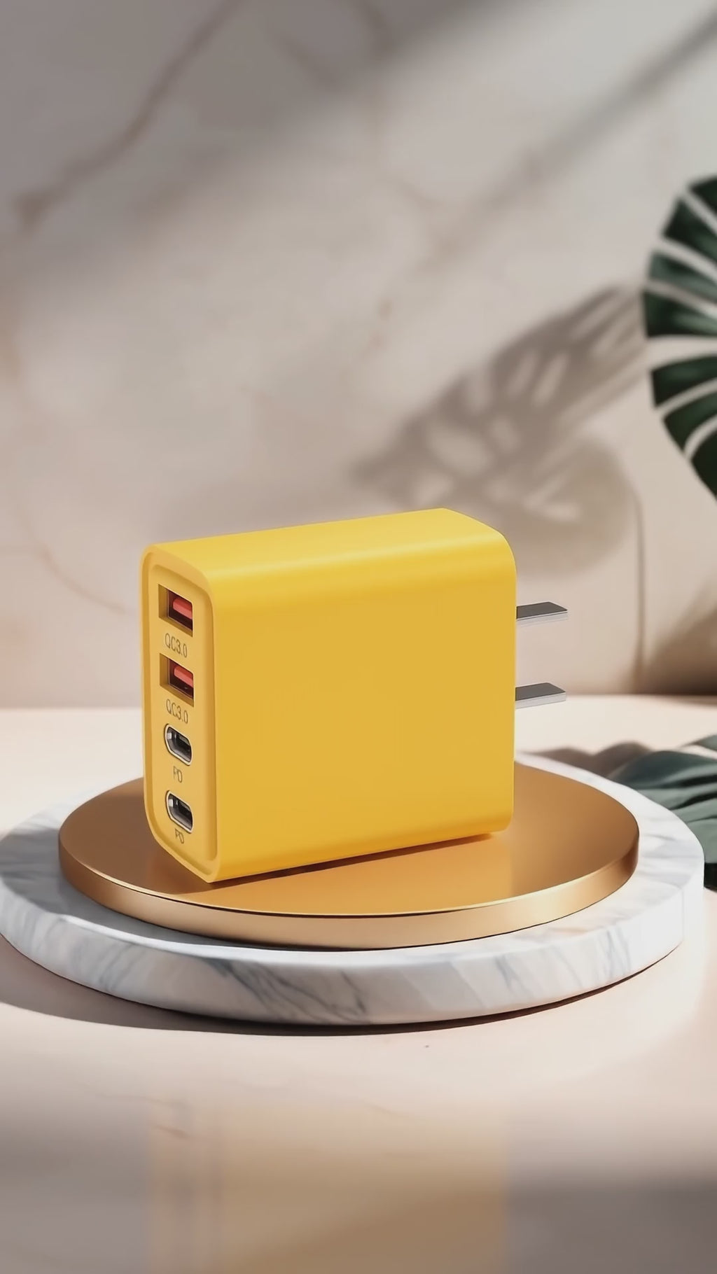🔌 4-Port USB-A and USB-C Wall Charger – Yellow Fast Charging