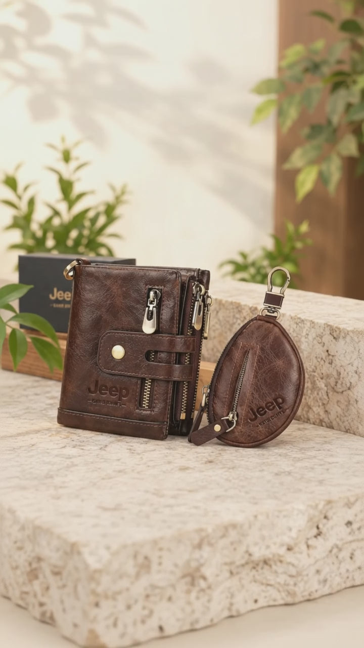 👔💼 Men's Set: JEEP Brand 100% Genuine Leather Wallet and Keychain | Max Market