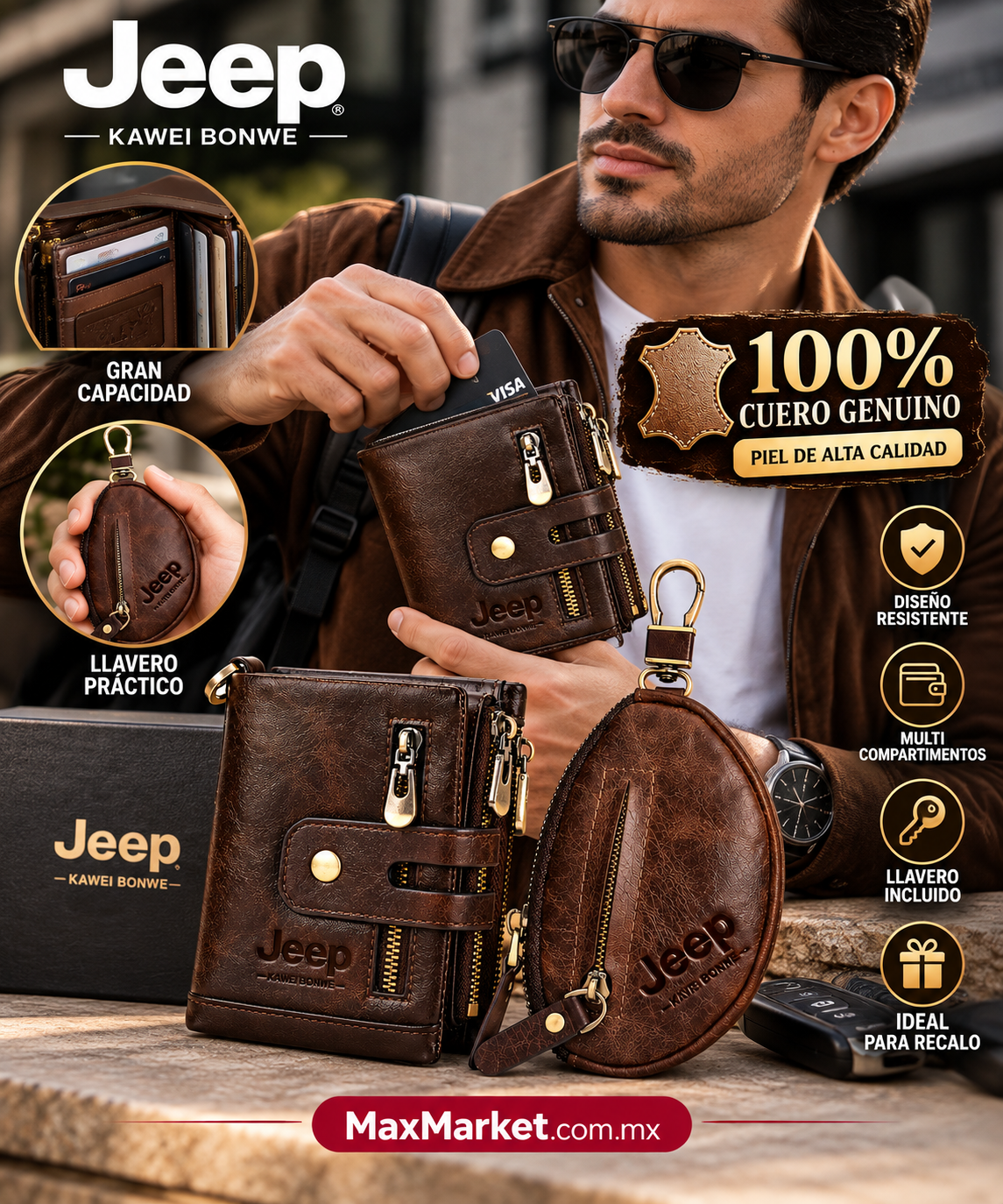👔💼 Men's Set: JEEP Brand 100% Genuine Leather Wallet and Keychain | Max Market
