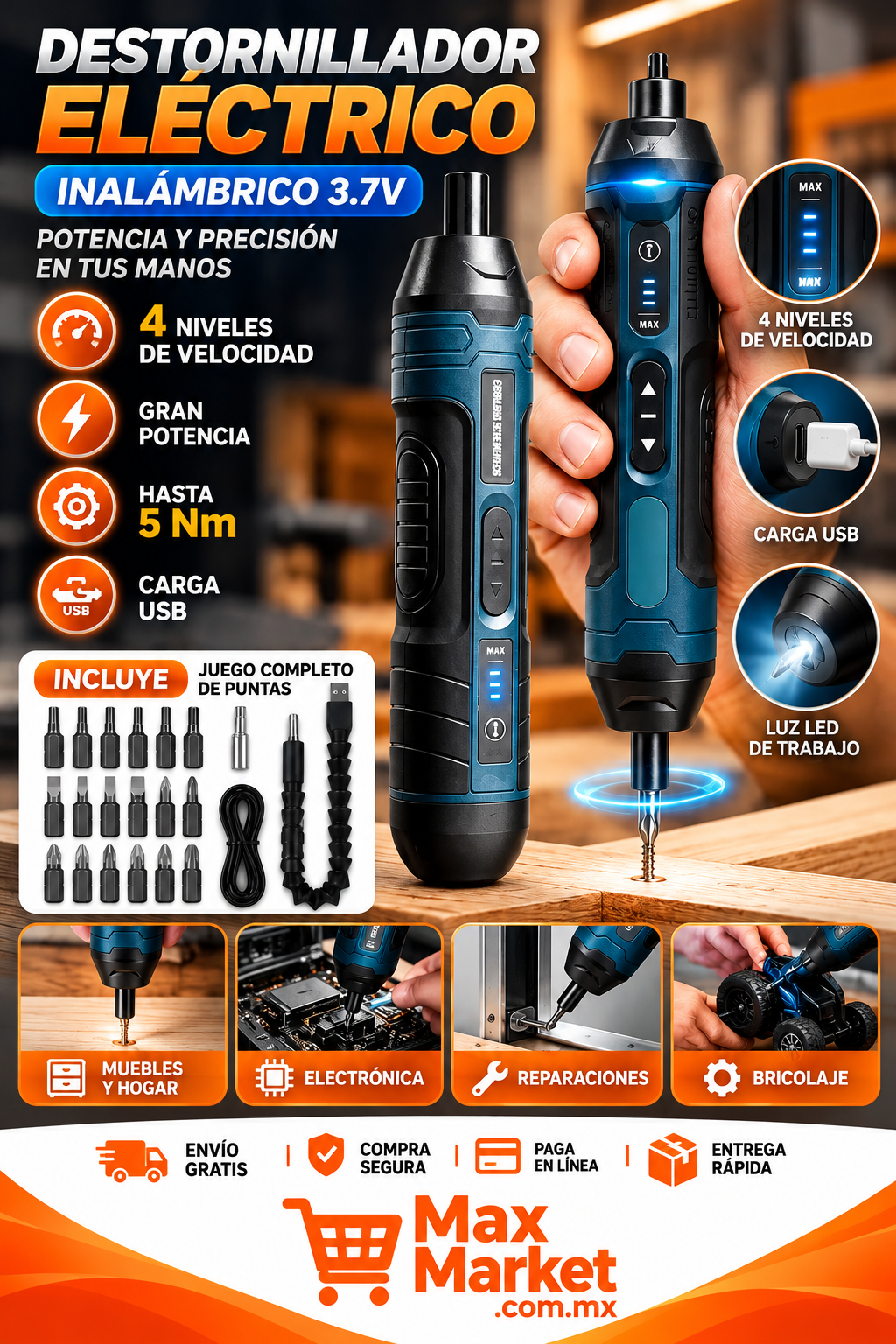 🔧 3.7V Cordless Electric Screwdriver with 105-Piece Kit