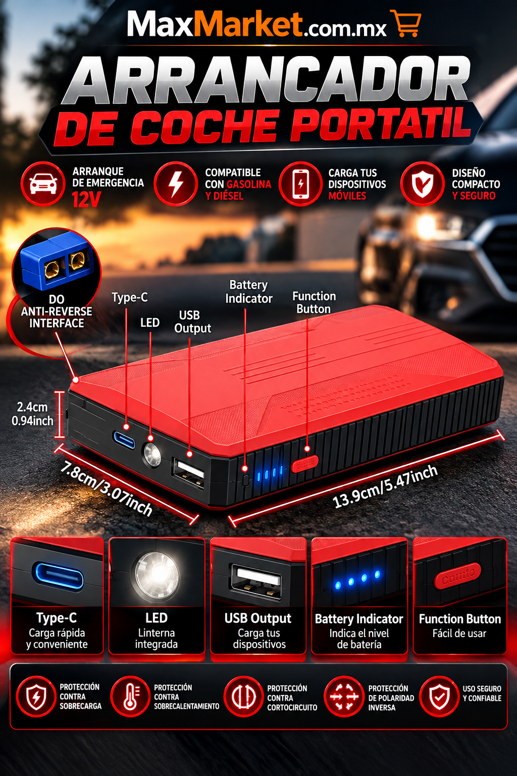 🚗⚡ 12V Portable Battery Jump Starter with LED Flashlight | Max Market