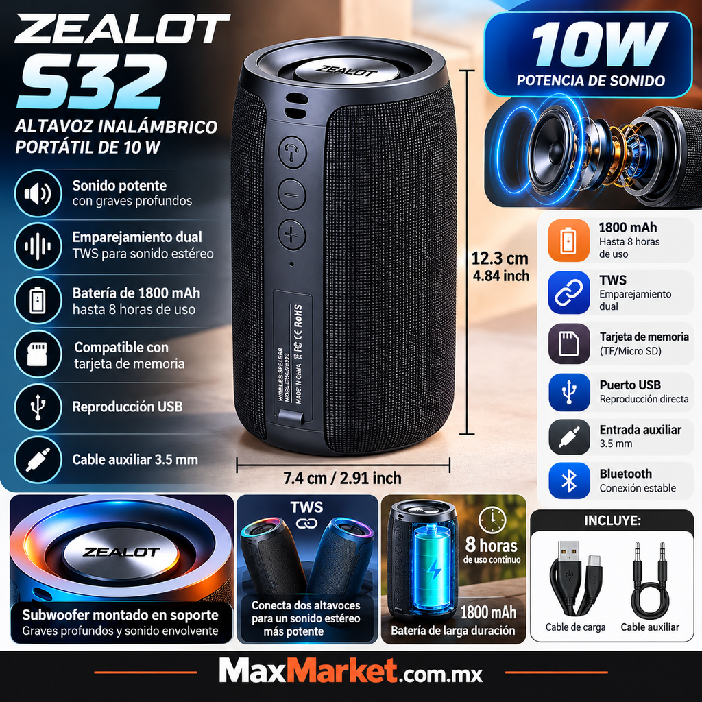 🔊ZEALOT S32 Bluetooth Speaker 10 W | Max Market🎶