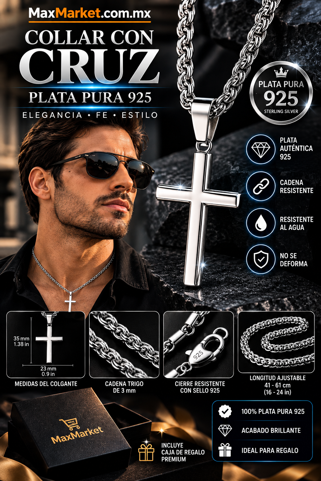 ✝️💎 Guaranteed 925 Pure Silver Cross Necklace 20 in | Men and Women | Max Market