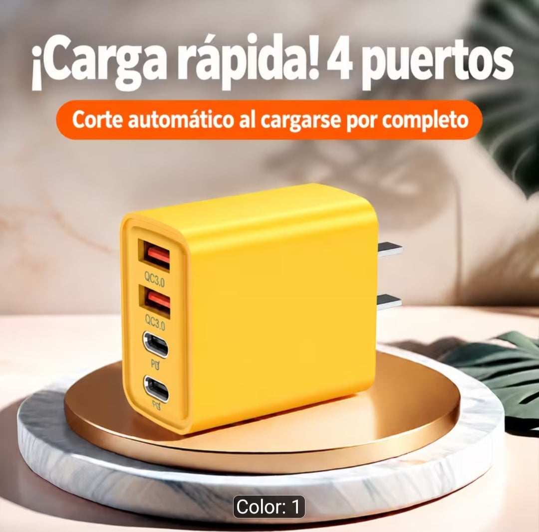 🔌 4-Port USB-A and USB-C Wall Charger – Yellow Fast Charging