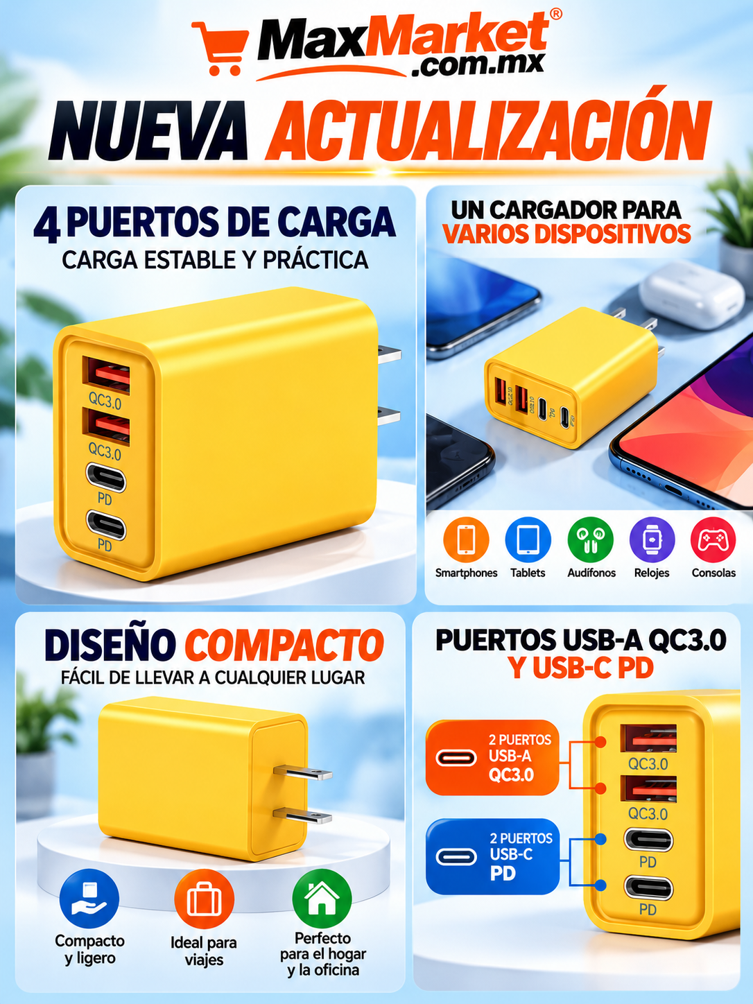 🔌 4-Port USB-A and USB-C Wall Charger – Yellow Fast Charging
