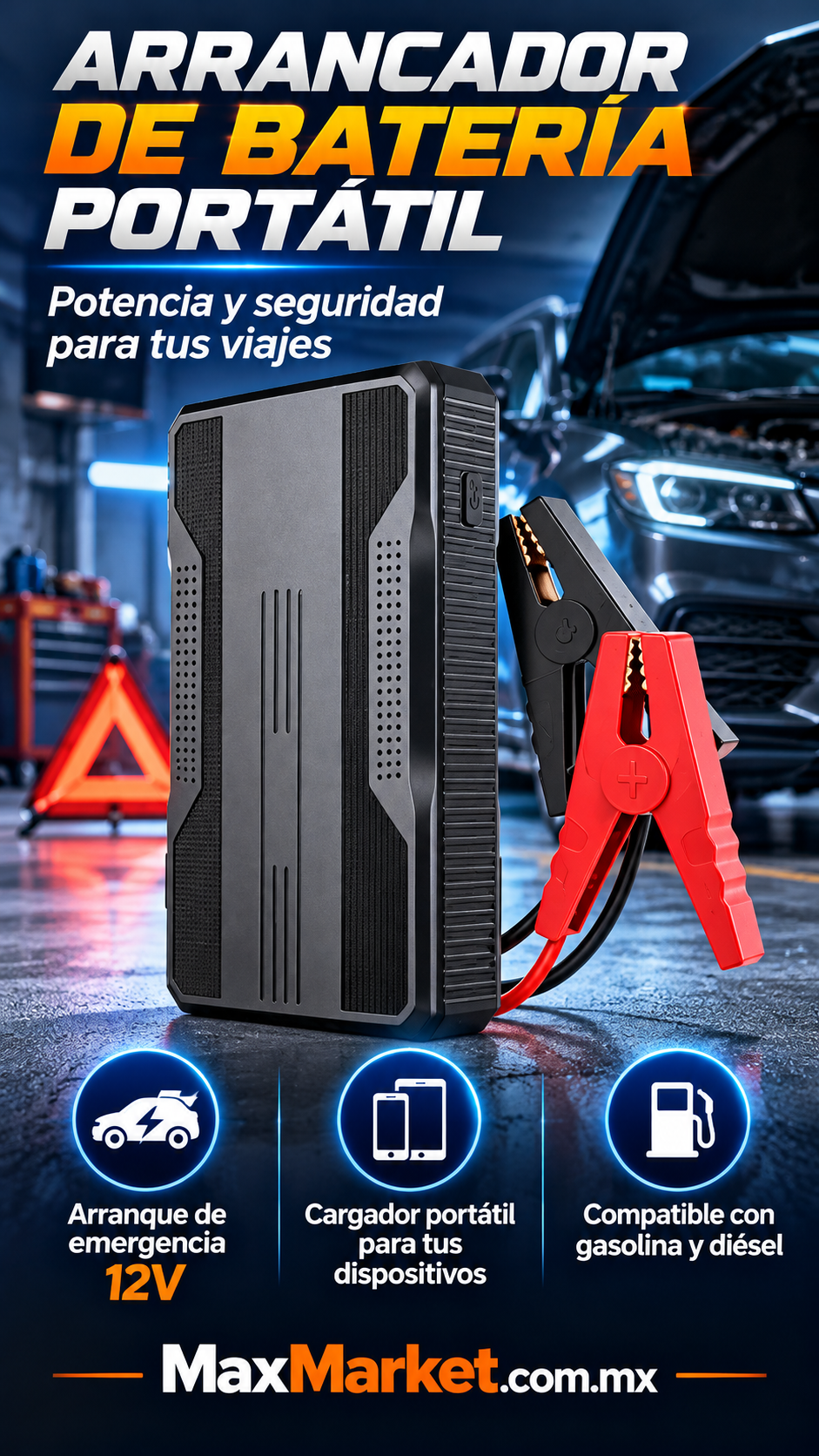 🚗⚡ 12V Portable Battery Jump Starter with LED Flashlight | Max Market
