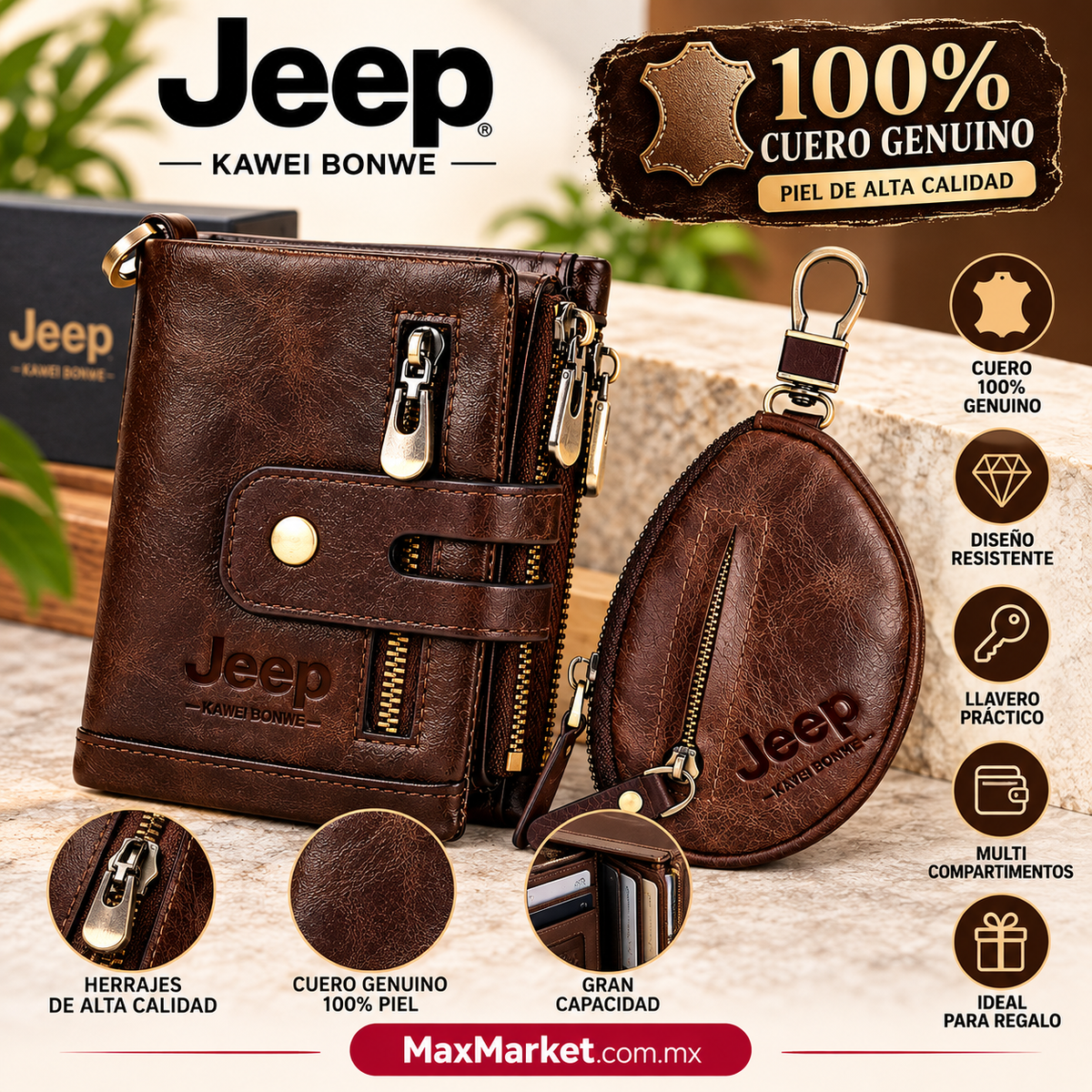 👔💼 Men's Set: JEEP Brand 100% Genuine Leather Wallet and Keychain | Max Market