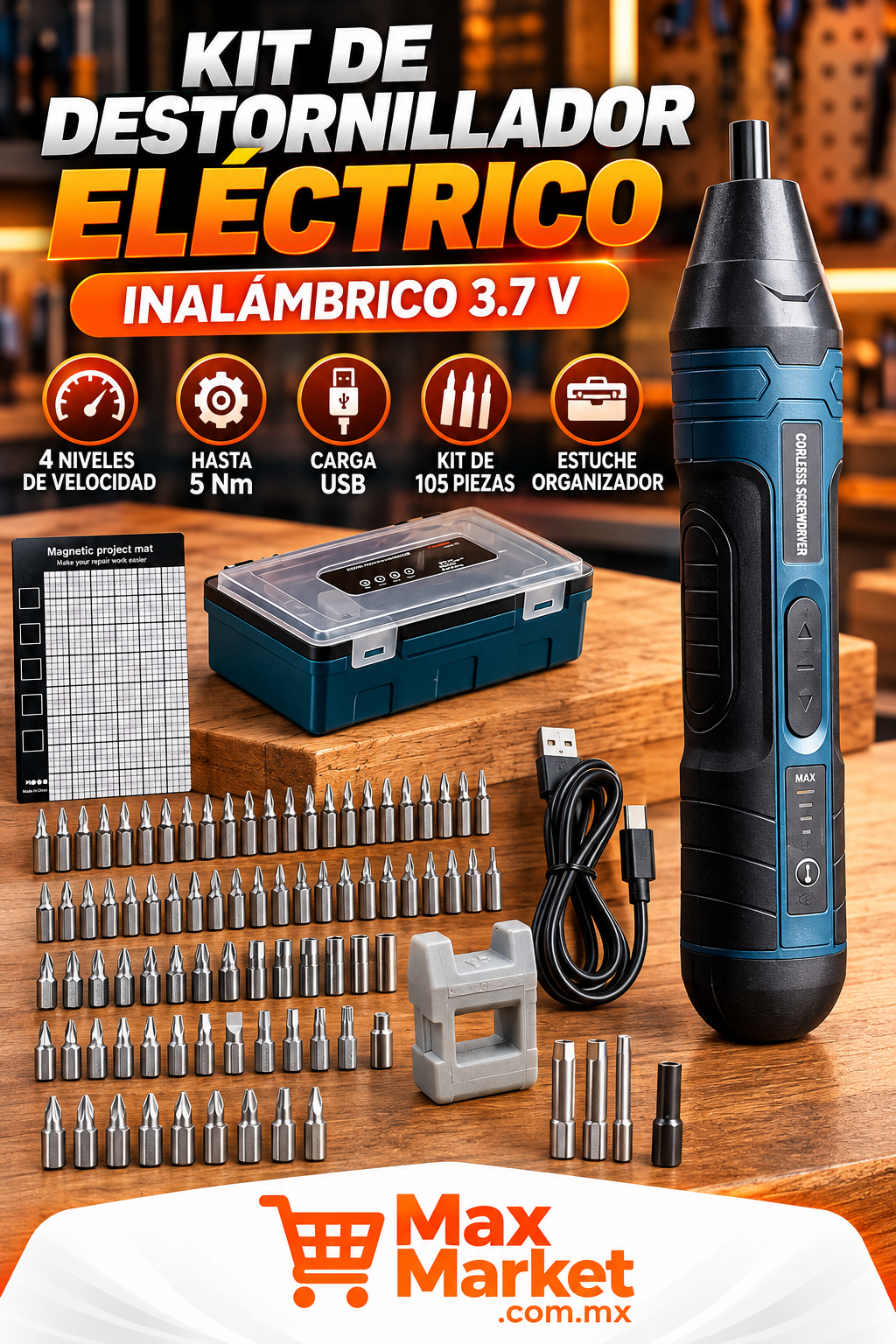 🔧 3.7V Cordless Electric Screwdriver with 105-Piece Kit