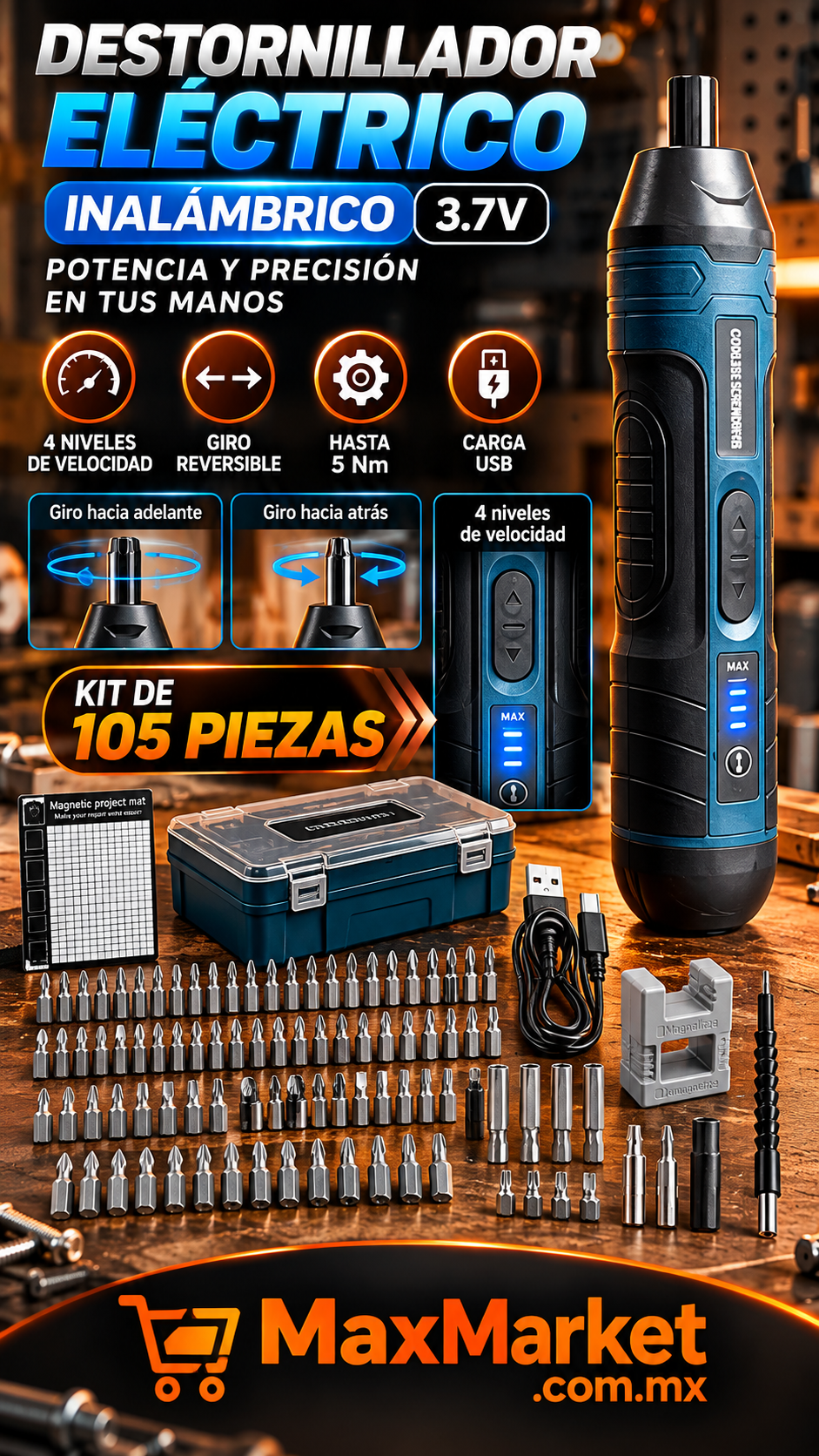 🔧 3.7V Cordless Electric Screwdriver with 105-Piece Kit