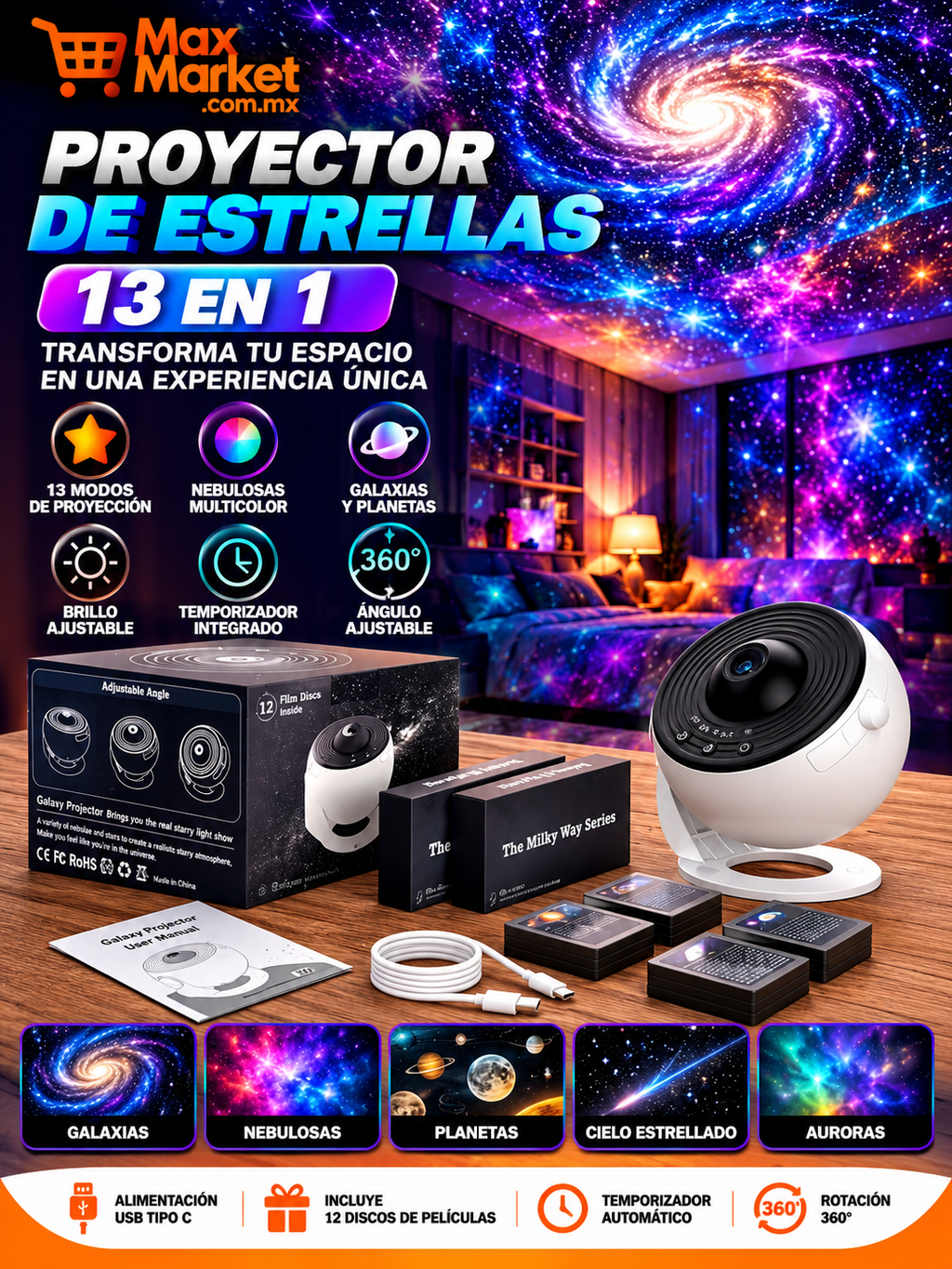 🌌 13-in-1 Galaxy Projector with LED Night Light