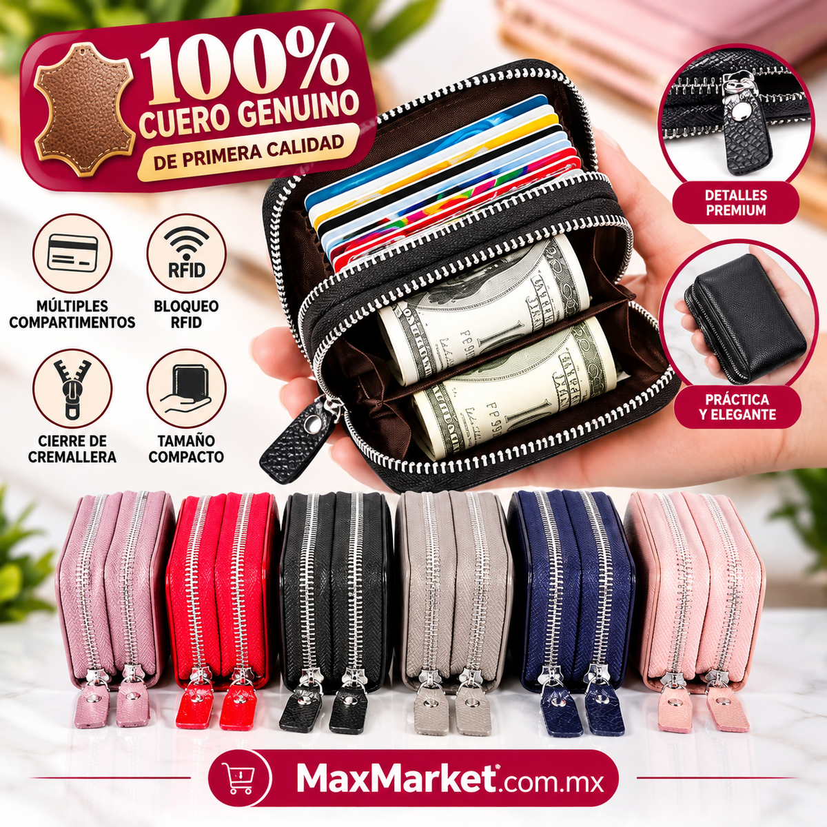 👜✨ 100% Genuine Leather Compact Wallet with Double Zipper | Elegant Design for Cards and Cash