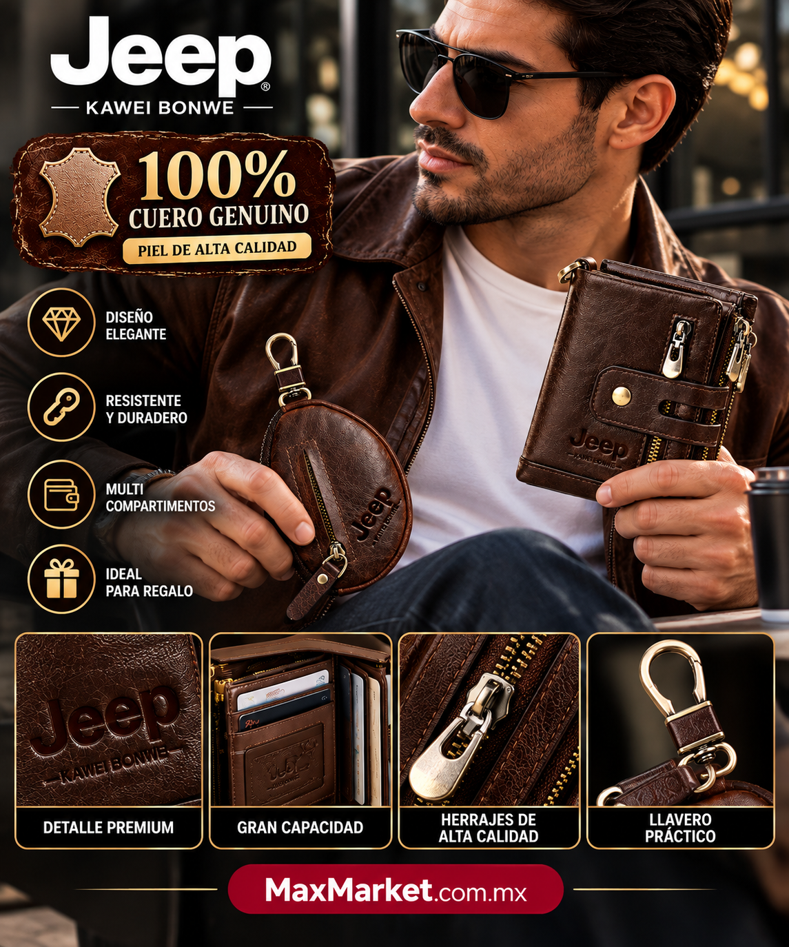 👔💼 Men's Set: JEEP Brand 100% Genuine Leather Wallet and Keychain | Max Market