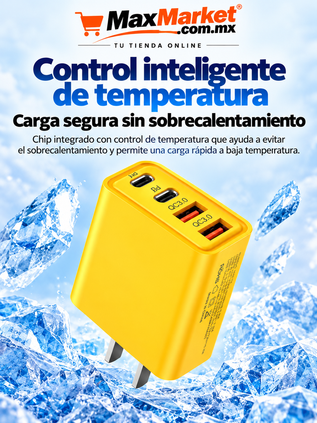 🔌 4-Port USB-A and USB-C Wall Charger – Yellow Fast Charging