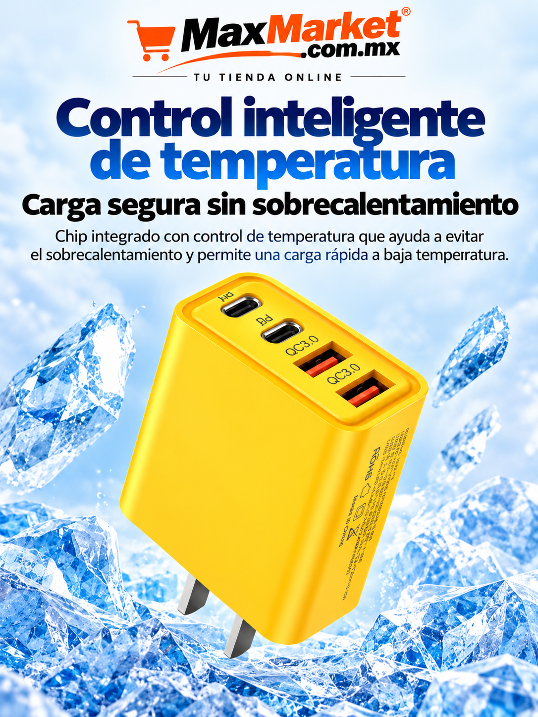 🔌 4-Port USB-A and USB-C Wall Charger – Yellow Fast Charging